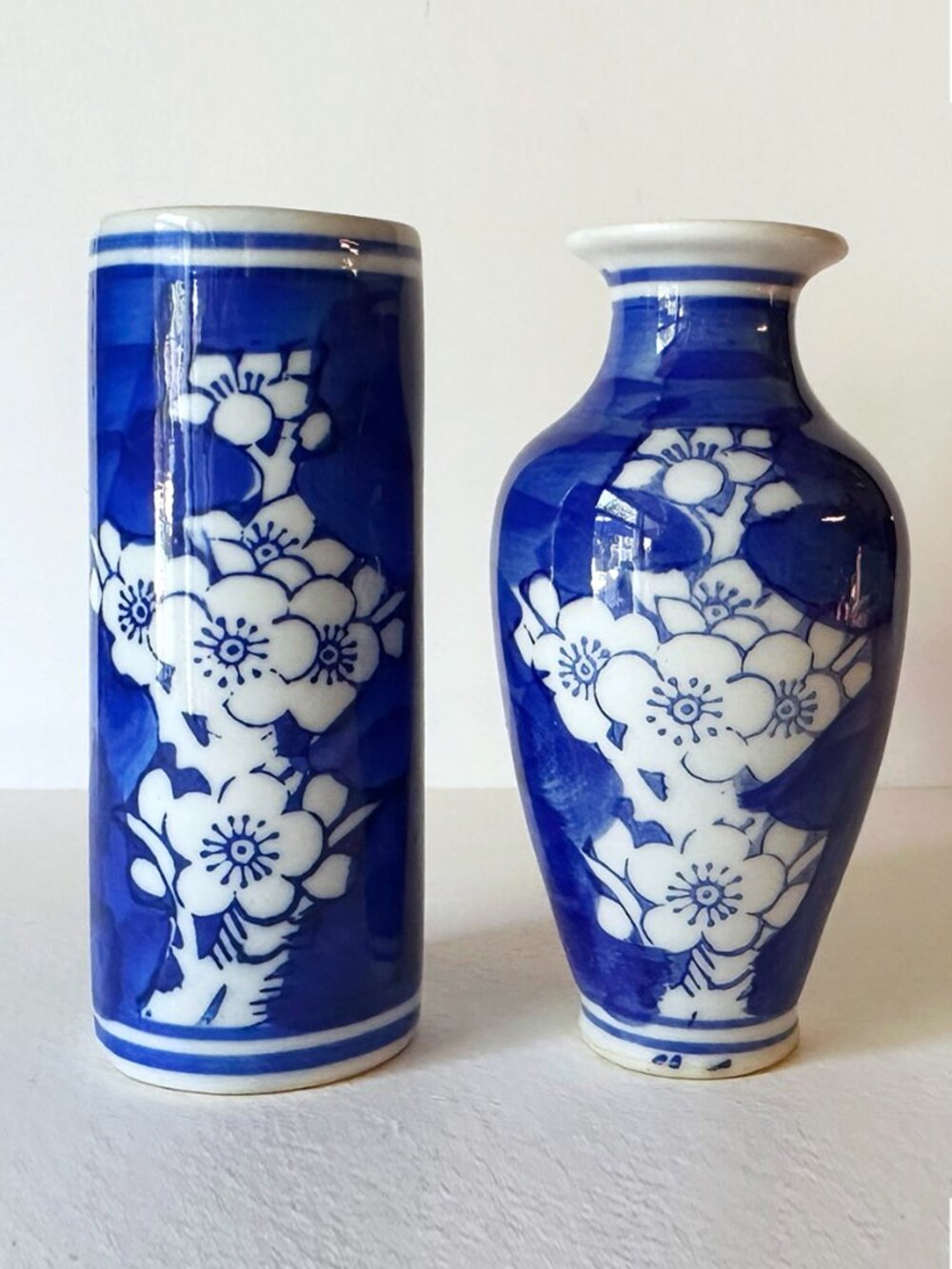 Vintage Chinese Porcelain Miniature VASES Blue & White Plum Blossoms Set of 2
